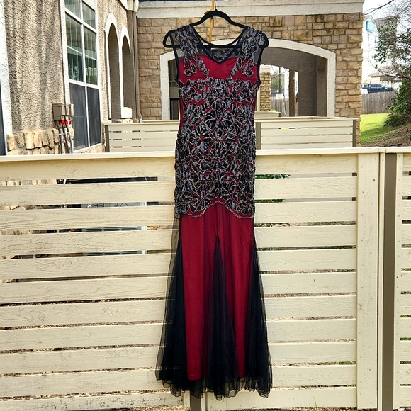1920s Flapper Style Beaded Maxi Dress Black & Burgandy Prom Gatsby Dress size 4 - Picture 12 of 17